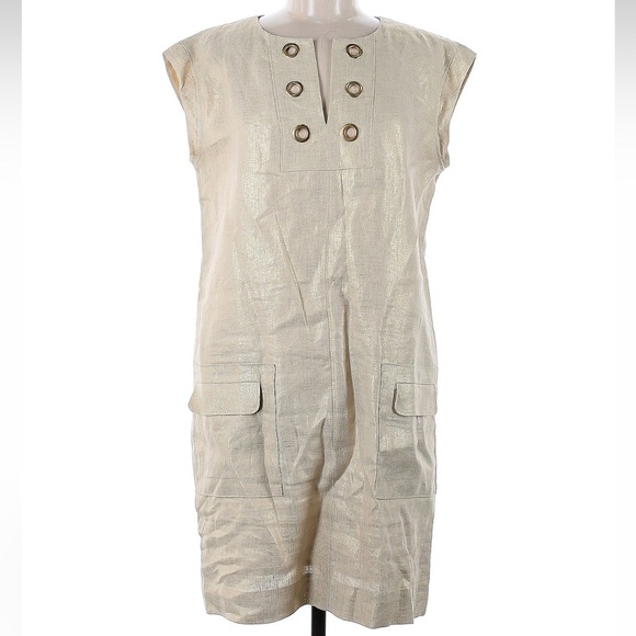 J. Crew Beige Shimmer Metallic 100% Linen Shift Dress Gold Grommets Size 8 Med M - Picture 3 of 9
